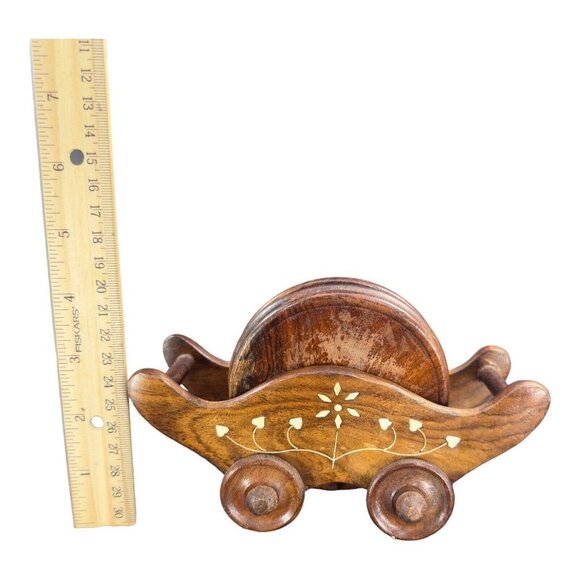 Vintage Wooden Wheel Cart Shape Tea Coffee Coaster Home Decorative Set 6 VTG - Picture 4 of 10